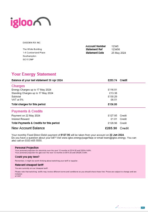 United Kingdom Igloo Energy business utility bill template in Word and PDF formats